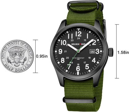 HOTGOLDEN HOUR Men's Nylon Slip-Thru Strap Watch with Military Time Easy Read Dial Glowing Hands