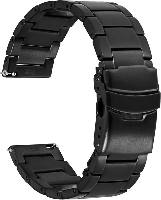 HOTWOCCI 20mm Heavy-duty Metal Watch Band for Men, 316L Stainless Steel, Double Locking Deployant Clasp (Black)