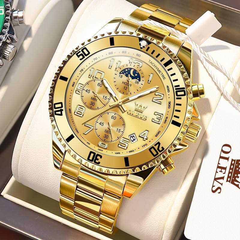 HOTOLEVS Watches Men Waterproof Luxury Big Face Mens Watch Stainless Steel Day Date Quartz Analog Dress Watches for Men Luminous Reloj para Hombres (Green/Blue/Black/Gold)