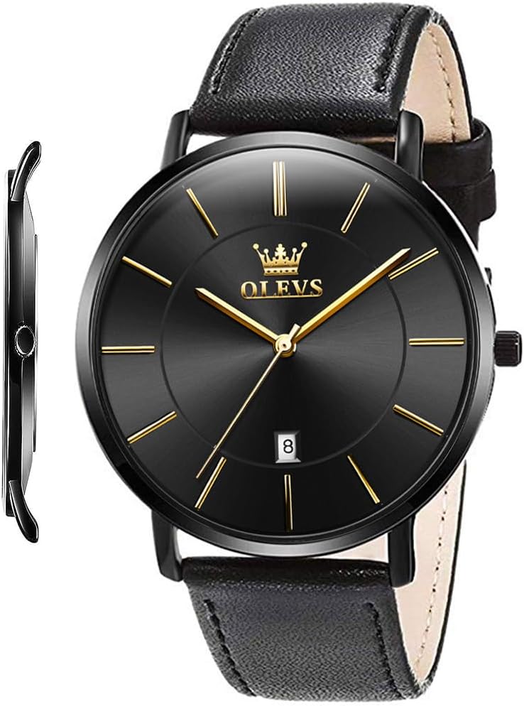 HOTOLEVS Men Leather Watches Black Ultra Thin 6.5mm Minimalist Dress Fashion Simple Casual Waterproof Date Watch for Men