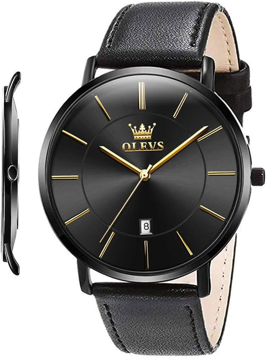 HOTOLEVS Men Leather Watches Black Ultra Thin 6.5mm Minimalist Dress Fashion Simple Casual Waterproof Date Watch for Men