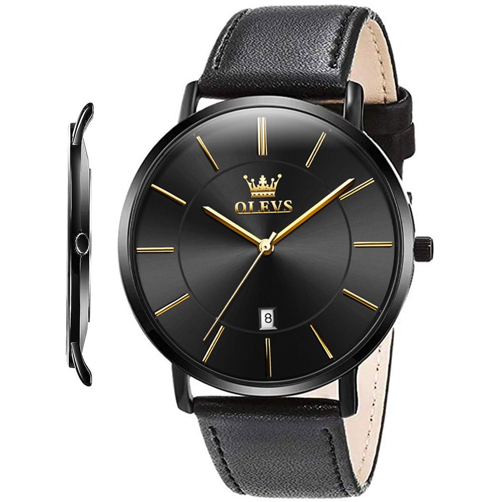 HOTOLEVS Men Leather Watches Black Ultra Thin 6.5mm Minimalist Dress Fashion Simple Casual Waterproof Date Watch for Men
