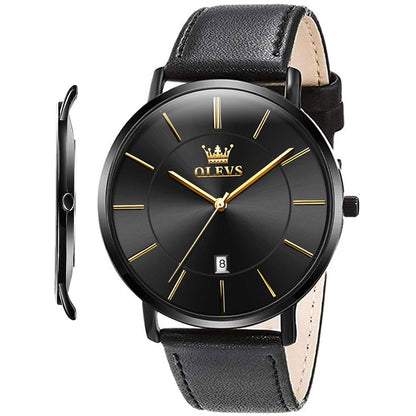 HOTOLEVS Men Leather Watches Black Ultra Thin 6.5mm Minimalist Dress Fashion Simple Casual Waterproof Date Watch for Men