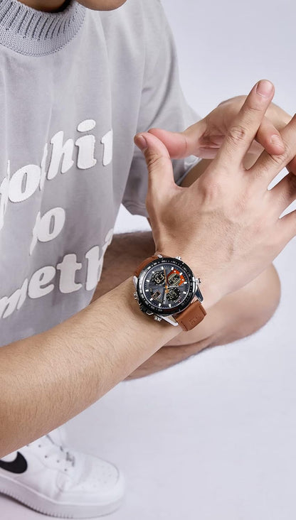 HOTNAVIFORCE Men's Military Digital Watches Analog Quartz Waterproof Watch Sport Multifunctional Leather Wristwatch