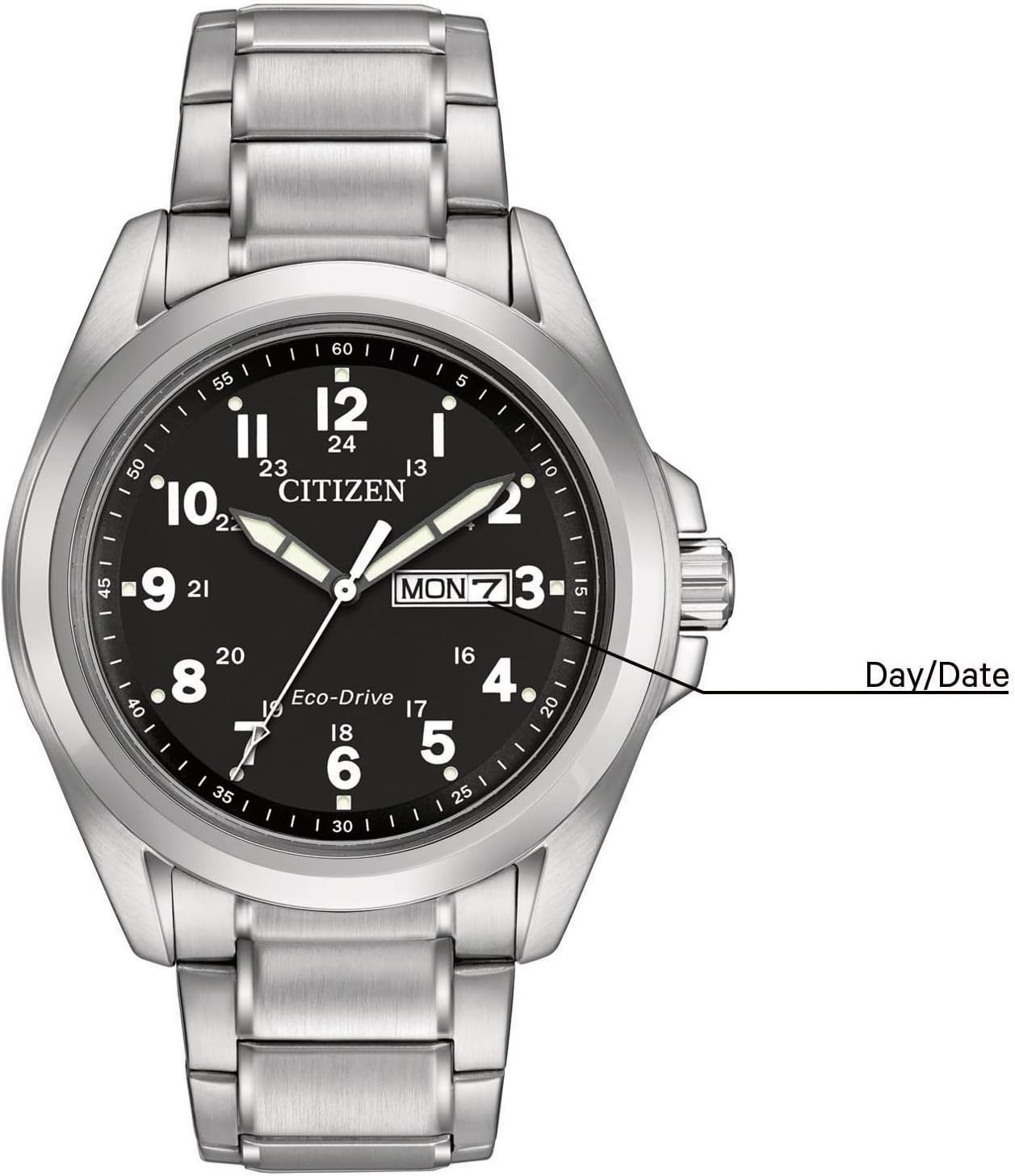 HOTCitizen Men's Eco-Drive Weekender Garrison Field Watch in Stainless Steel, Black Dial, Arabic Markers, Luminous, 43mm (Model: AW0050-82E)