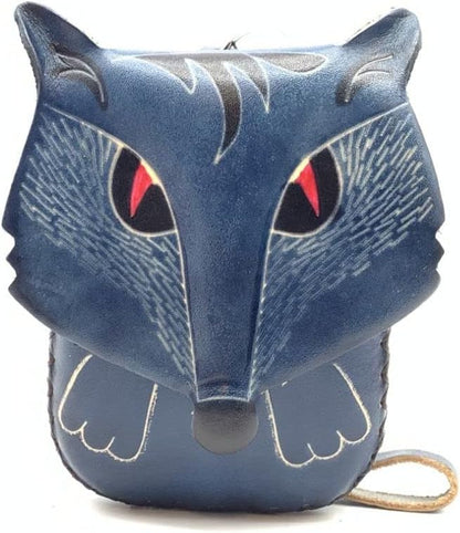 HOTHandmade Vintage Genuine Leather 3D Fox Animal Coin Purse With Removable Wrist Strap (Purple)