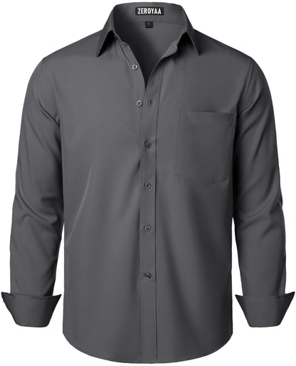 HOTZEROYAA Men's Regular Fit Dress Shirt Solid Wrinkle-Free Long Sleeve Casual Business Button Up Shirts with Pocket
