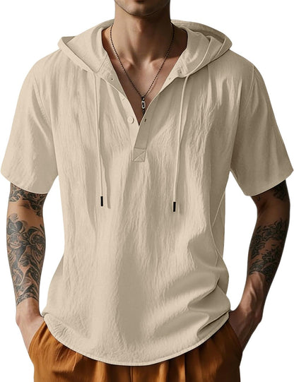 HOTMen's Cotton Linen Shirts Short Sleeve Casual Button Down Hoodies Summer Hawaiian Beach Top with Drawstring