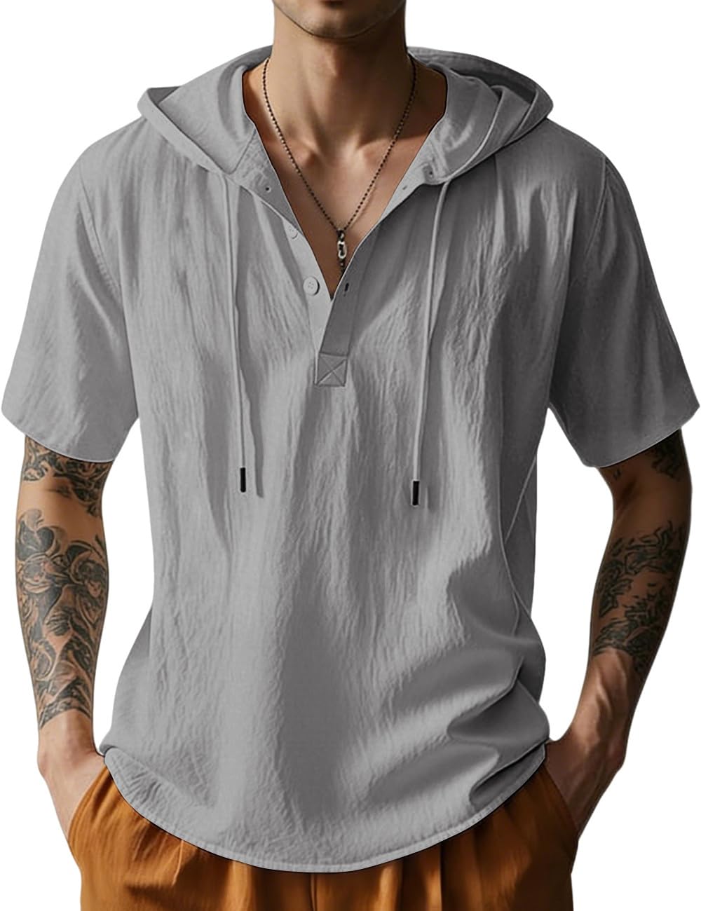 HOTMen's Cotton Linen Shirts Short Sleeve Casual Button Down Hoodies Summer Hawaiian Beach Top with Drawstring