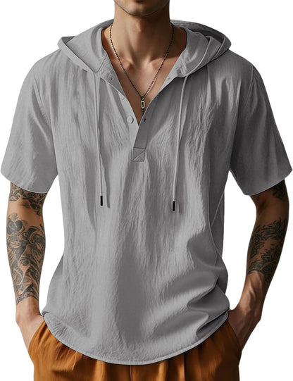 HOTMen's Cotton Linen Shirts Short Sleeve Casual Button Down Hoodies Summer Hawaiian Beach Top with Drawstring