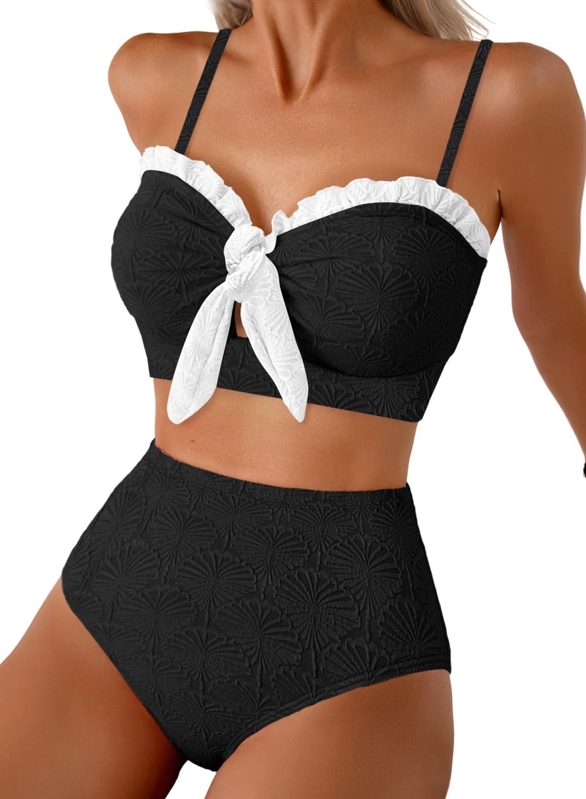HOTHerseas Women's Seashell Textured Bikini Sets Knotted Front 2 Piece Swimsuits Ruffle Trim Bathing Suits