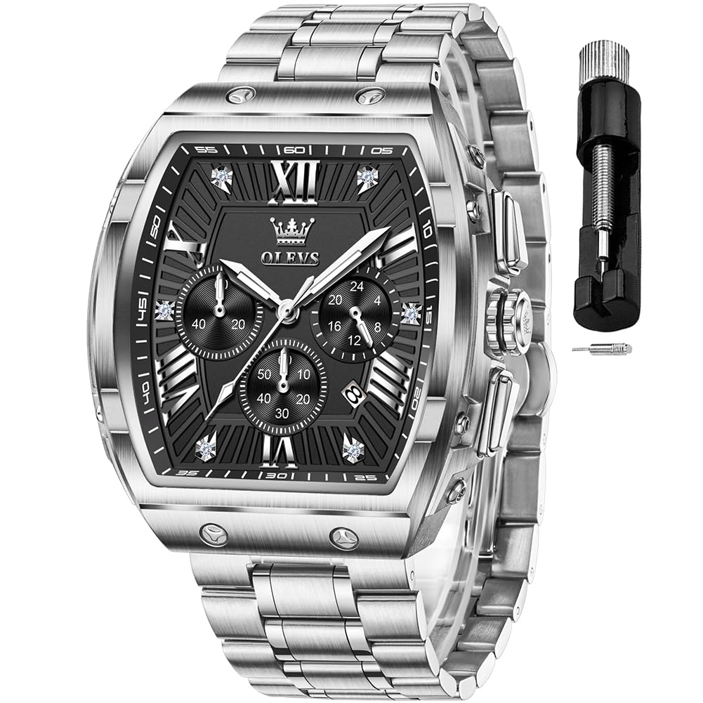 HOTOLEVS Mens Watches Analog Quartz Chronograph Square Dress Watch for Man Stainless Steel or Leather Band Waterproof Luminous Date Male Watch