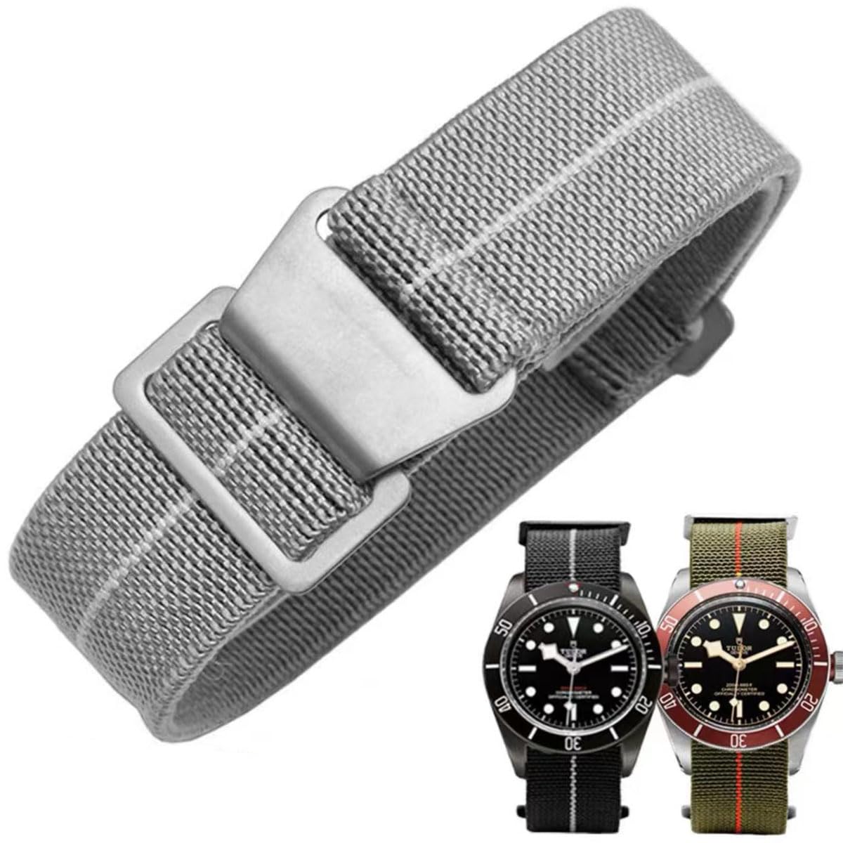 HOTFrench Troops Paratrooper Watchband,Military Elastic Nylon Watch Strap with Hook-and-Loop for Men Women Silver & Black Buckle 18/20/22mm