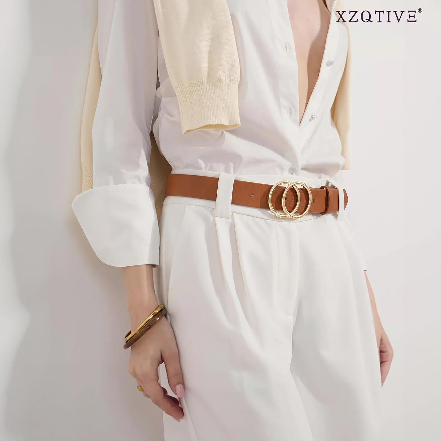 HOTXZQTIVE 3 Packs Women's Leather Belts For Jeans Dresses Pants Fashion Ladies Waist Belt with Double O-Ring Gold Buckle