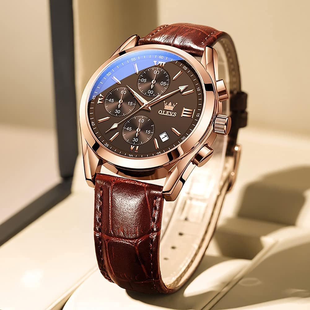 HOTOLEVS Watches for Men Case Waterproof Watches Leather Band Day Date Mens Watch Analog Quartz Chronograph Wristwatches Multi-Function Men's Watch