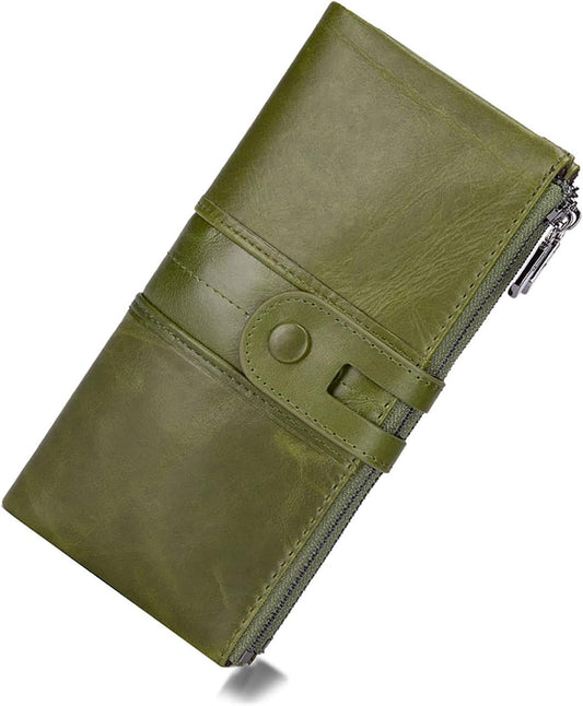 HOTmyfriday Ladies RFID Genuine Leather Wallet, Bifold Long Clutch Card Holder | 12 card slots, photo slot, bill pockets, memory-card slot and back zipper keep cash and cards slimly organized