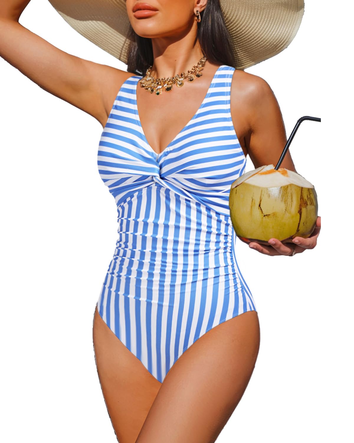 HOTWomen's Tummy Control One Piece Swimsuit Push Up Full Coverage Bathing Suit | V-Neck Twist Front, Low-Back Design, Adjustable Straps, Removable Pads, Full Coverage, Long-Torso Fit, Beach and Pool Days