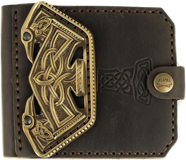 HOTScandinavian Old Norse leather wallet Mjolnir, Norse mythology Viking leather wallet with brass buckle Thor Hammer