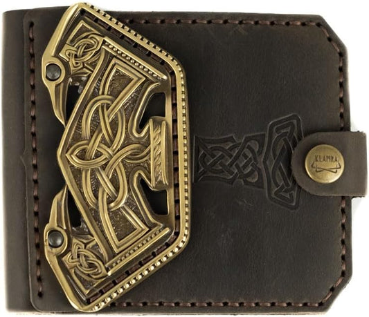 HOTScandinavian Old Norse leather wallet Mjolnir, Norse mythology Viking leather wallet with brass buckle Thor Hammer