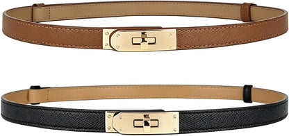 HOTBEMYLV Skinny Belts for Women Dresses Turn-Lock Gold Buckle Adjustable Fashion Waist Belt for Pants Jeans Business Casual