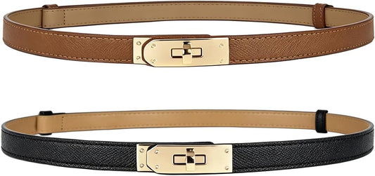 HOTBEMYLV Skinny Belts for Women Dresses Turn-Lock Gold Buckle Adjustable Fashion Waist Belt for Pants Jeans Business Casual