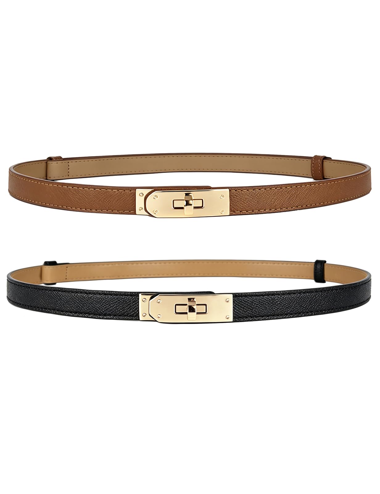 HOTBEMYLV Skinny Belts for Women Dresses Turn-Lock Gold Buckle Adjustable Fashion Waist Belt for Pants Jeans Business Casual