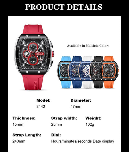 HOTPASOY Men's Chronograph Watch, Big Face, Tonneau Case, Rubber Strap | 47mm analog quartz watch, working chronograph with 1/10-second, second and minute subdials, date, stainless steel case