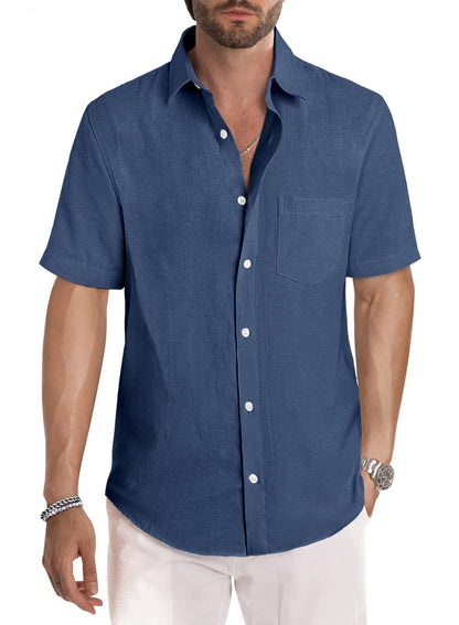 HOTJMIERR Men's Casual Stylish Short Sleeve Button-Up Striped Dress Shirt Cotton Beach Shirts