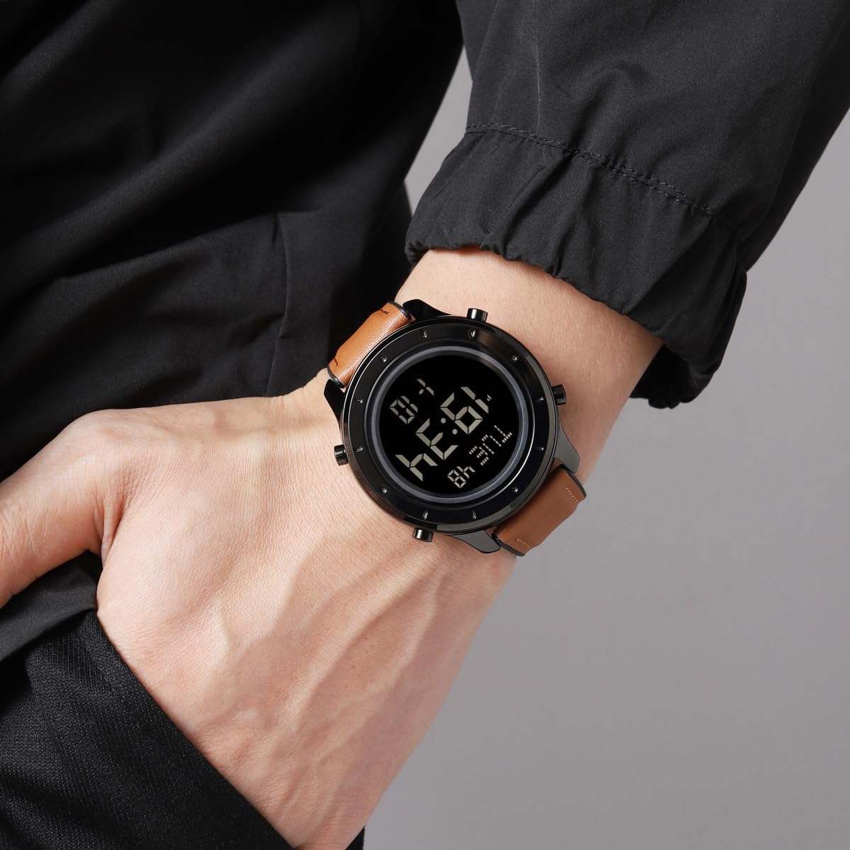 HOTMinimalist Digital Watch Men Wrist Watches Waterproof Mens Leather Watch | Large face brown black watch, Chronograph, Dual Times, 12/24 Hours, EL backlight, Digital wrist stopwatch, Reloj para hombre