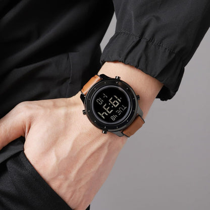 HOTMinimalist Digital Watch Men Wrist Watches Waterproof Mens Leather Watch | Large face brown black watch, Chronograph, Dual Times, 12/24 Hours, EL backlight, Digital wrist stopwatch, Reloj para hombre