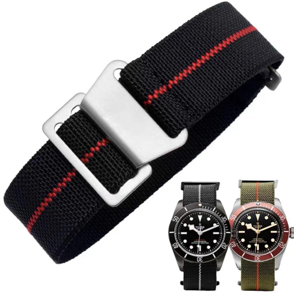 HOTFrench Troops Paratrooper Watchband,Military Elastic Nylon Watch Strap with Hook-and-Loop for Men Women Silver & Black Buckle 18/20/22mm