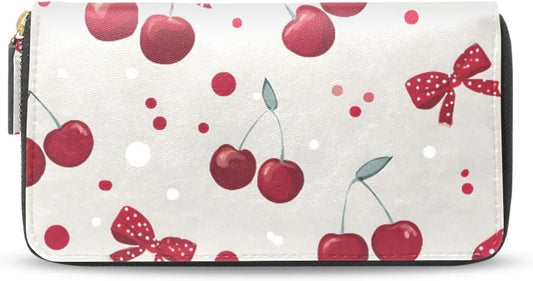 HOTBolaz Long Wallets Leather Bifold Wallet for Women Red Cherry Polka Dot with Zipper Credit Card Holder Large Capacity