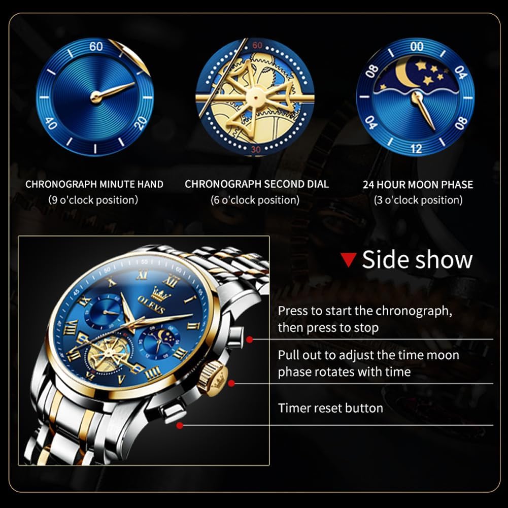 HOTOLEVS Mens Watches Waterproof Stainless Steel Adjustable Bracelet Watch Quartz Analog Watch for Men Fashion Business Classic Mens's Wrist watch's Casual Watches Gold/Blue/Black/White/Face/Dial