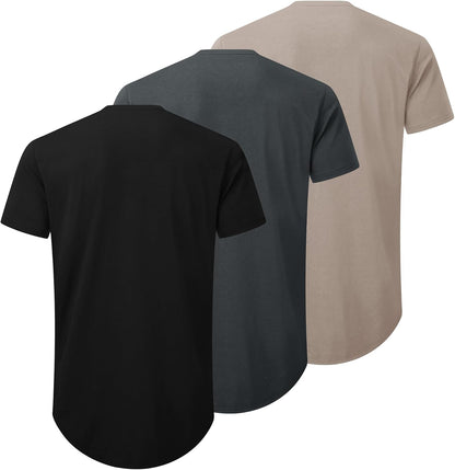 HOTMens 3 Pack Plain Cotton Shirts Short Sleeve Casual Crew Neck T-Shirts Hipster Hip Hop Longline Tees Drop Cut Curved Hem