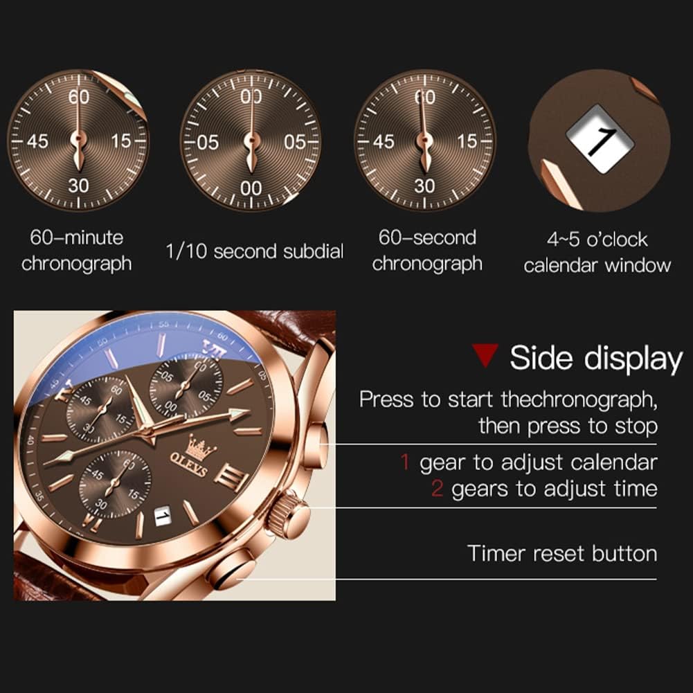 HOTOLEVS Watches for Men Case Waterproof Watches Leather Band Day Date Mens Watch Analog Quartz Chronograph Wristwatches Multi-Function Men's Watch