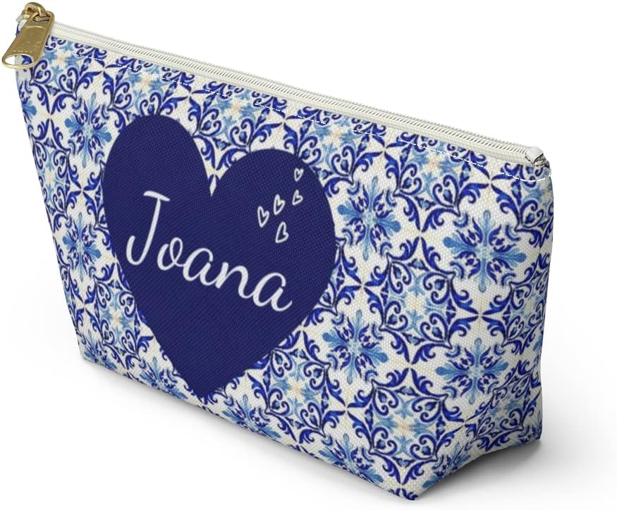 HOTPersonalized Pouches with Zipper, Makeup Cosmetic Case Travel, Pencil Pouch for Women, Portuguese Blue Tile Bag, Portugal Gifts for Mom