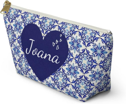 HOTPersonalized Pouches with Zipper, Makeup Cosmetic Case Travel, Pencil Pouch for Women, Portuguese Blue Tile Bag, Portugal Gifts for Mom