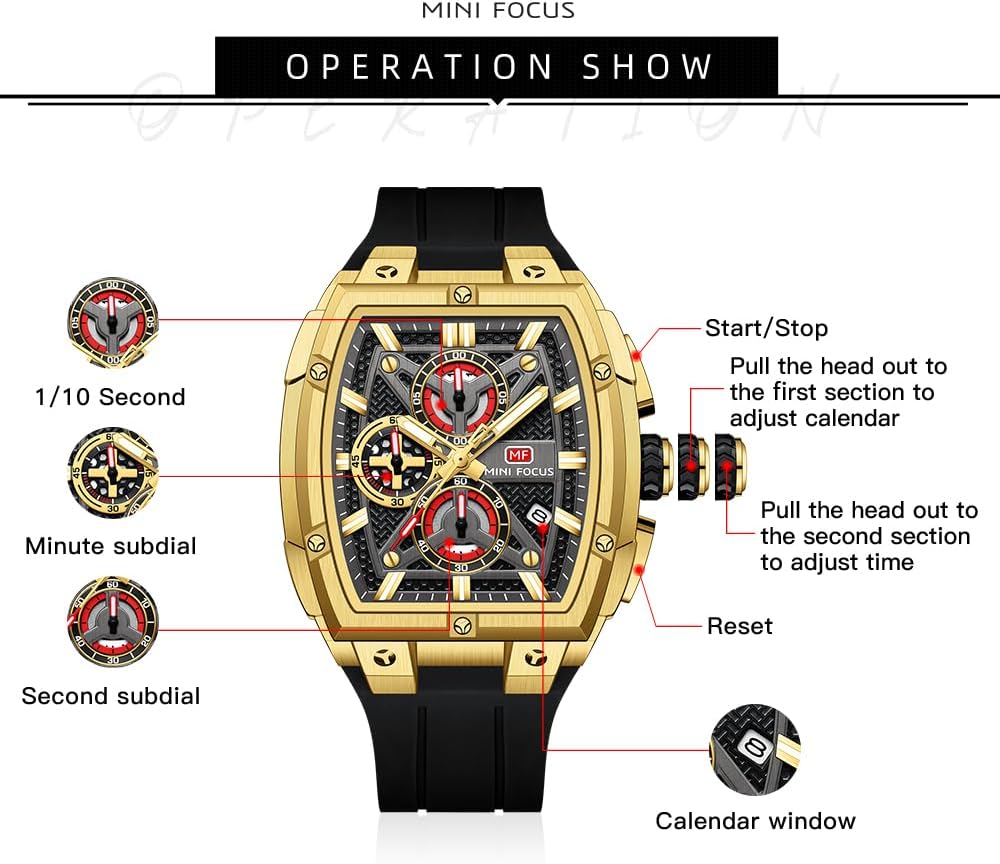 HOTMF MINI FOCUS Men's Watches Analog Fashion Wrist Watch, Skeleton Tonneau Watches for Men with Chronograph,Ideal for Sports Enthusiasts and Daily Wear