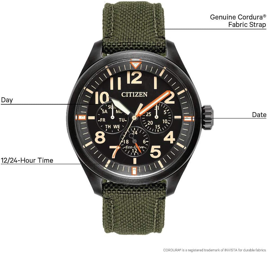 HOTCitizen Men's Eco-Drive Weekender Garrison Field Watch, in Stainless Steel with Olive Green Nylon Strap, Black Dial (Model: BU2055-16E)