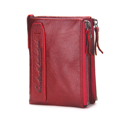 HOTCONTACTS Soft Leather Wallet for Women Small Bifold Coin Purse Double Zipper Card Holder with RFID Blocking (Rose Tan)