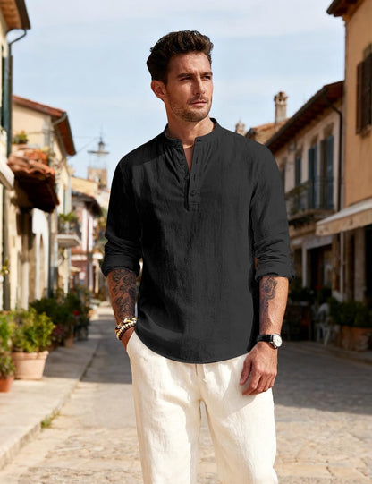 HOTMen's Linen Shirts Henley T-Shirts Long Sleeve Casual Beach T-Shirts Solid Tops Shirts for Men Black