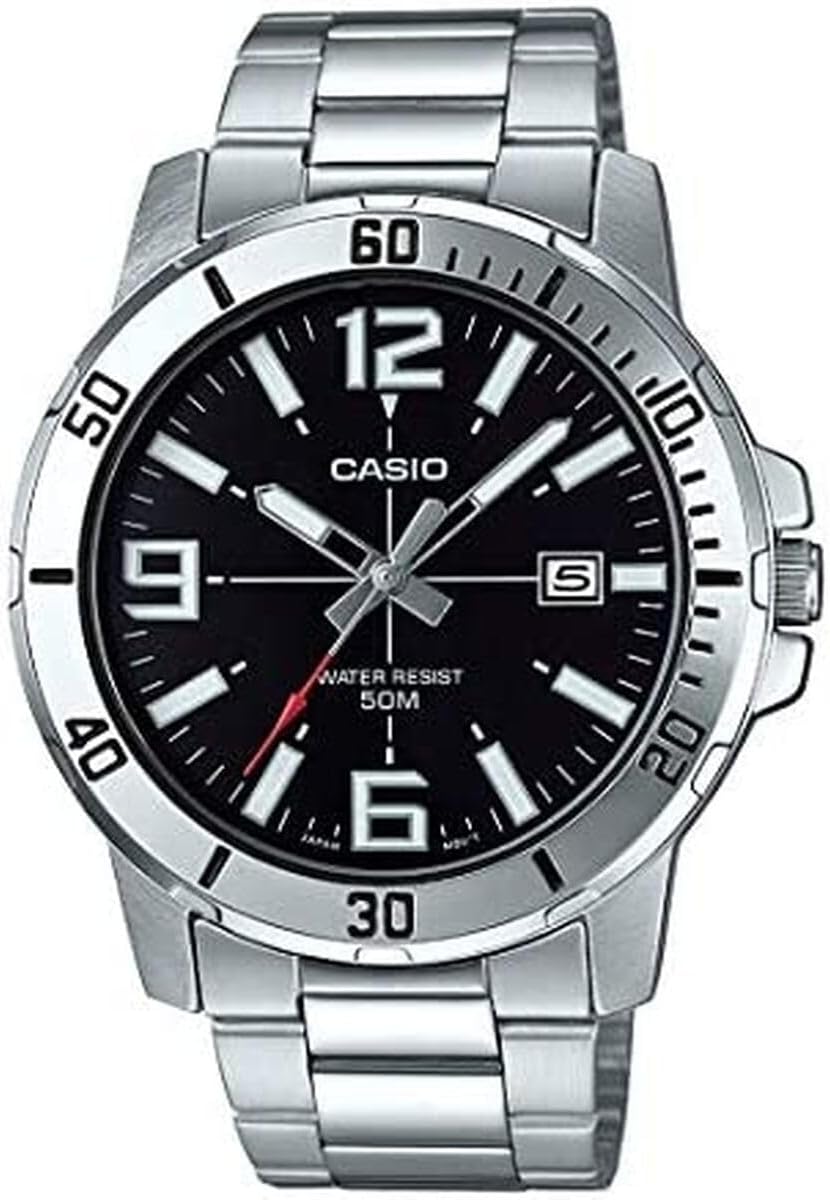 HOTCasio MTP-VD01D-1BV Men's Enticer Stainless Steel Black Dial Casual Analog Sporty Watch, Silver, 48×42×10.7mm, Quartz Movement