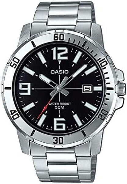 HOTCasio MTP-VD01D-1BV Men's Enticer Stainless Steel Black Dial Casual Analog Sporty Watch, Silver, 48×42×10.7mm, Quartz Movement