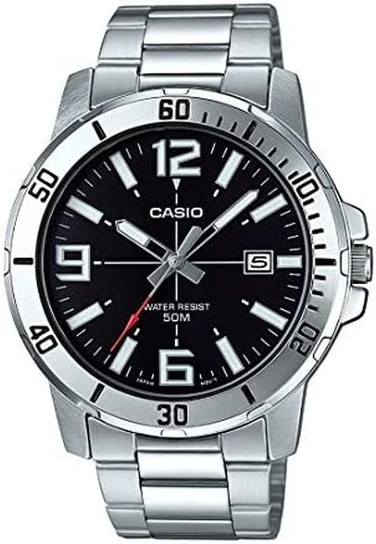 HOTCasio MTP-VD01D-1BV Men's Enticer Stainless Steel Black Dial Casual Analog Sporty Watch, Silver, 48×42×10.7mm, Quartz Movement