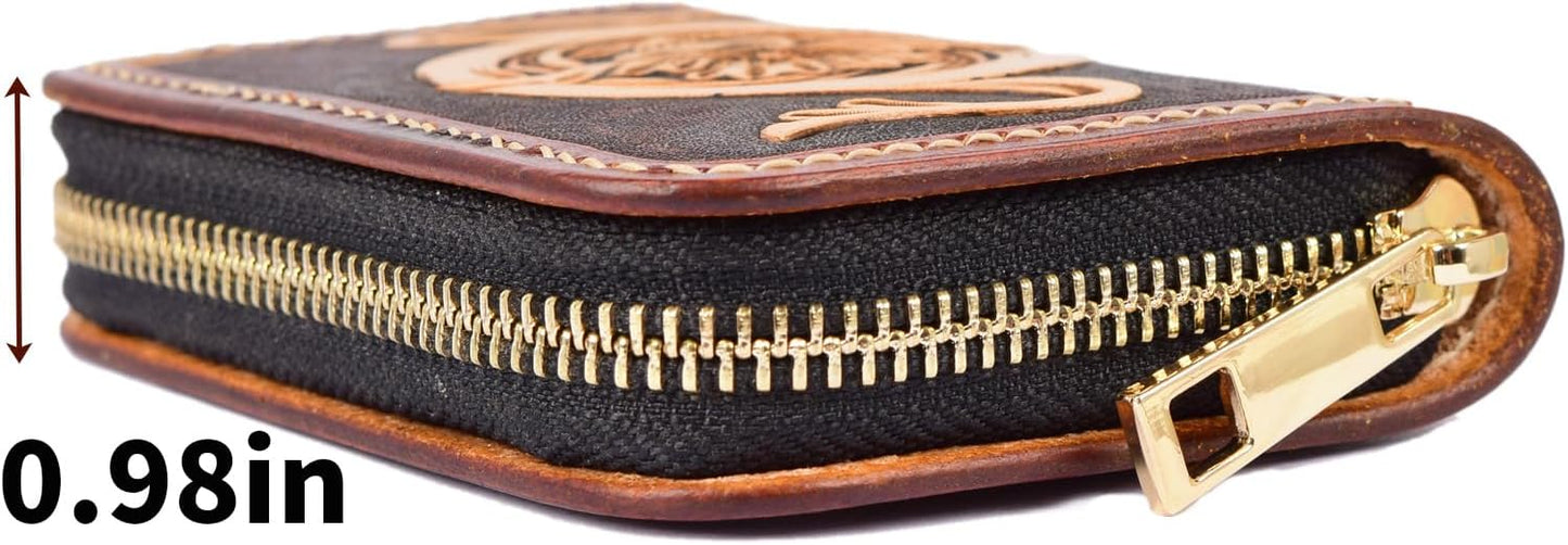 HOTSmall Credit Card Holder RFID Blocking Wallet Women Handmade Floral Carved Leather Zipper Around Security Western Wallets for Women tarjeteros monederos de mujer