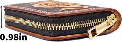 HOTSmall Credit Card Holder RFID Blocking Wallet Women Handmade Floral Carved Leather Zipper Around Security Western Wallets for Women tarjeteros monederos de mujer