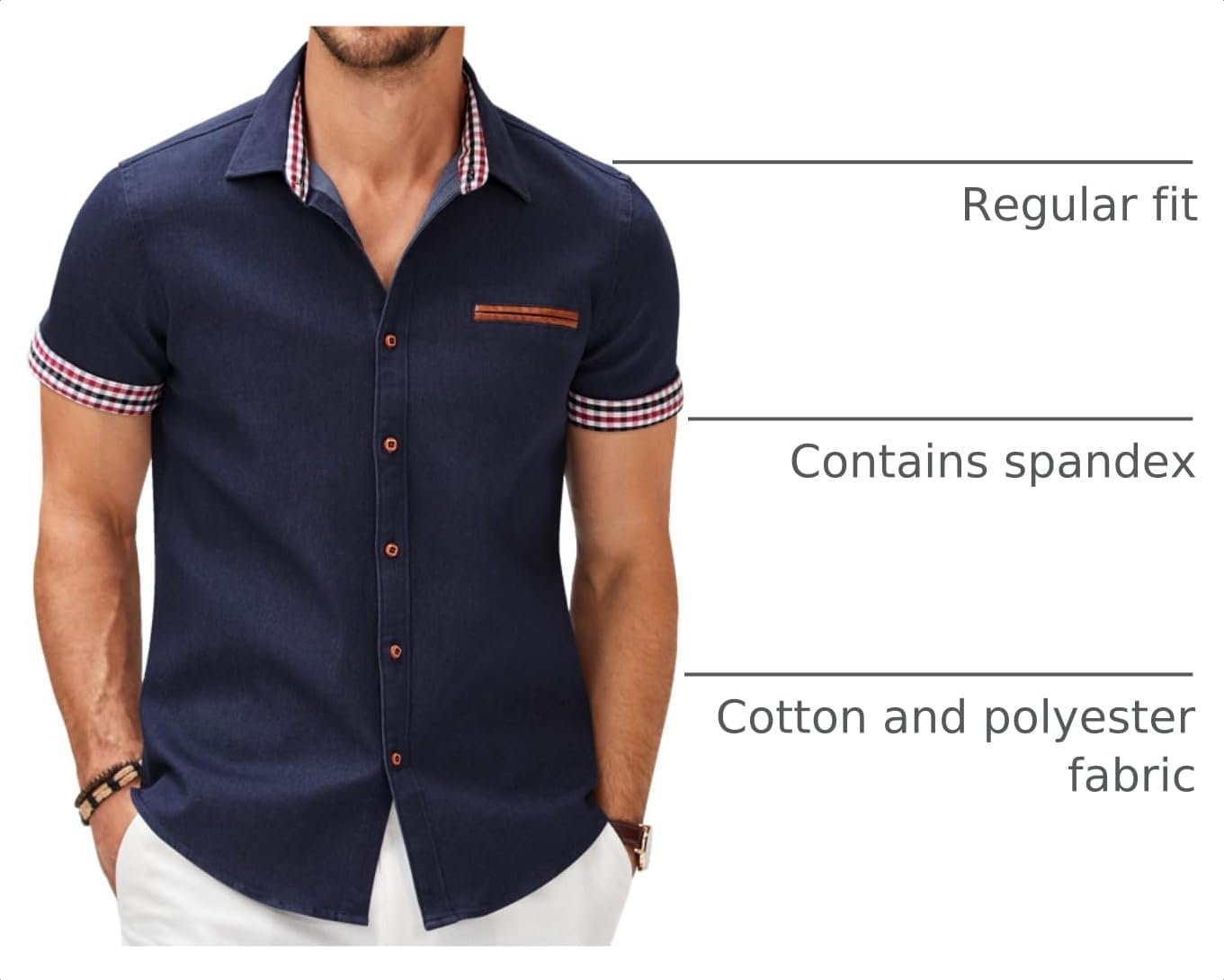 HOTCOOFANDY Men's Cotton Casual Short Sleeve Button Down Shirt Plaid Collar Denim Work Shirts