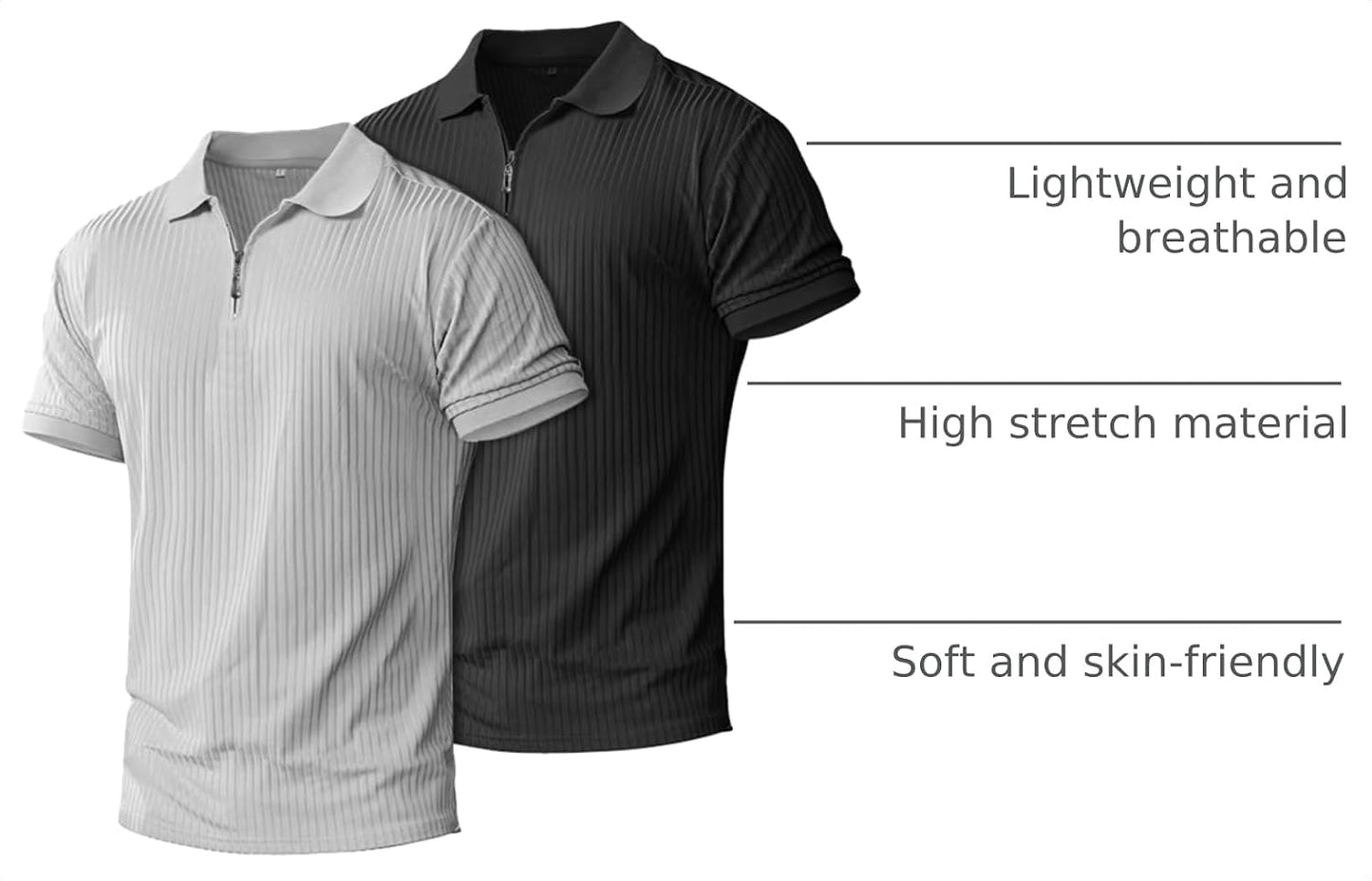 HOTplop 2 Pack Mens 1/4 Zipper Muscle Polo Shirts Slim Fit Collared Shirt Short Sleeve Ribbed Knit Fitted Casual Athletic Tee