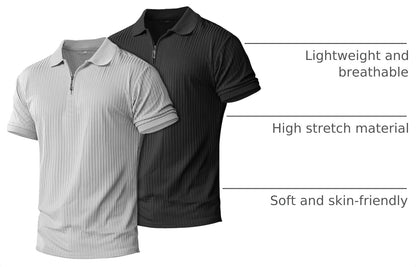 HOTplop 2 Pack Mens 1/4 Zipper Muscle Polo Shirts Slim Fit Collared Shirt Short Sleeve Ribbed Knit Fitted Casual Athletic Tee
