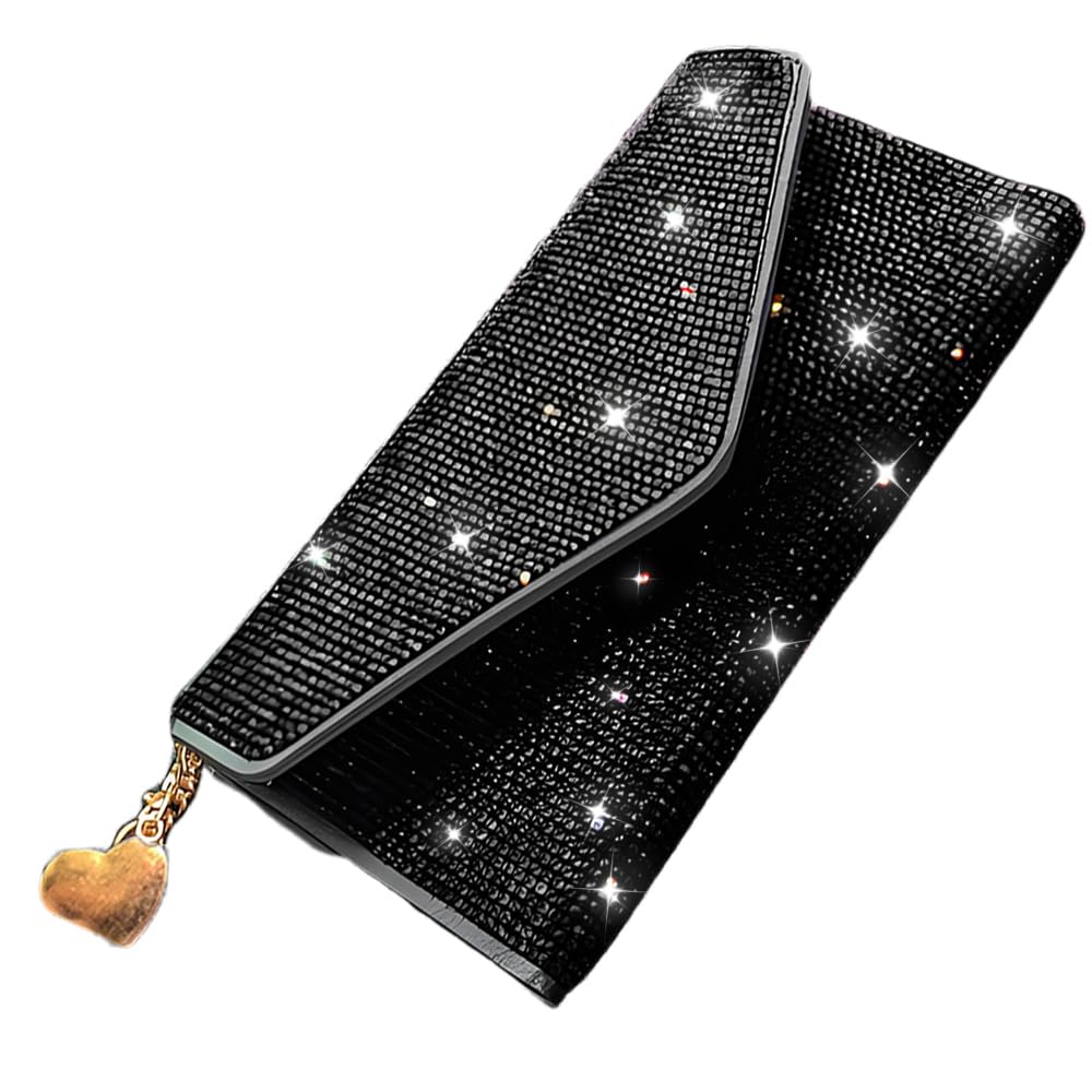 HOTBling Crystal Rhinestones Leather Pocket Card Case Wallet Organizer with Zipper Multifunctional Large Capacity Shining for Women Girls (White)